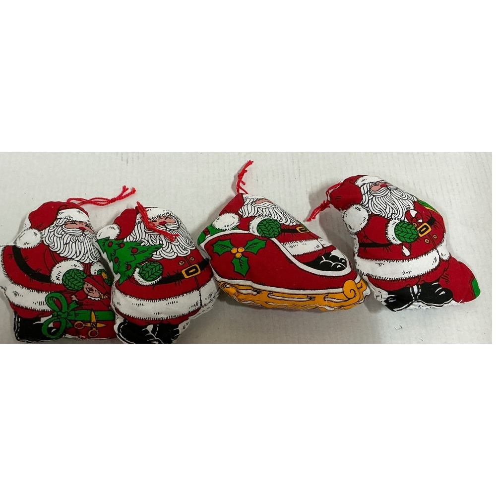 Vintage Santa Claus Stuffed Fabric Christmas Ornaments Set of 4 Red White Small